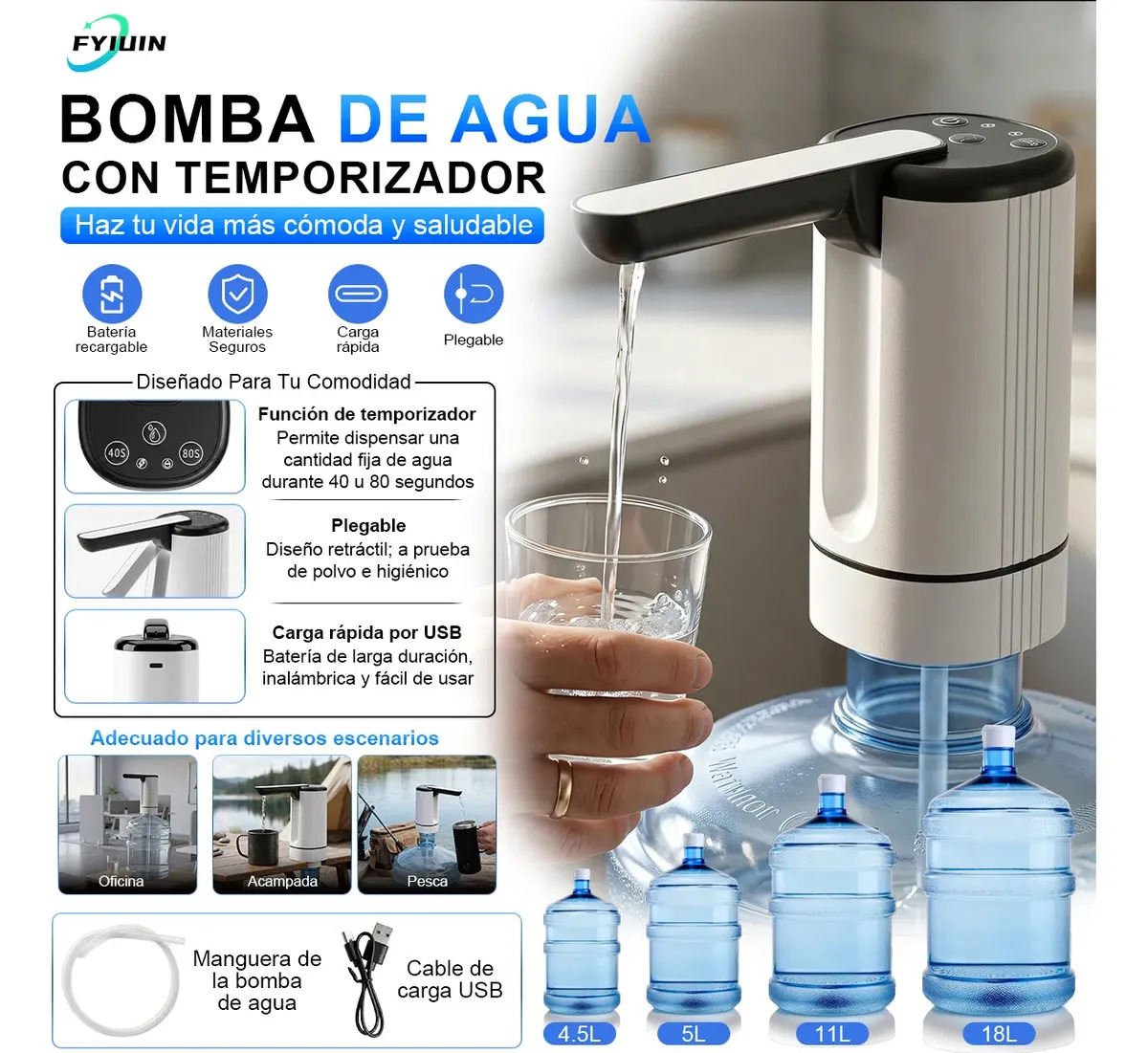 FYIUIN bomba agua garrafon Eléctrica Plegable USB Recargable 3 Modos Temporizados 400mAh Para Hogar y Oficina Color Blanc