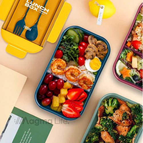 Lunch Box Bento Lonchera Térmica 1.1 L Con Cuchara Tenedor Color Amarillo Lunch Box Rectangular