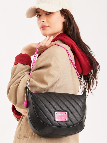 Cartera De Hombro Andes Chica Tote Juanita Jo Mujer Dama Negro Con Fucsia Lisa