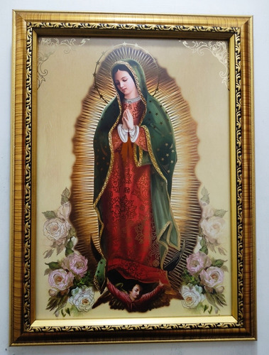 Virgen De Guadalupe Manto Verde Marco Dorado B 44 X 32 Cms