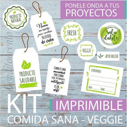 Kit Imprimible Emprendedor Tag Veggie Vegano Saludable Frase