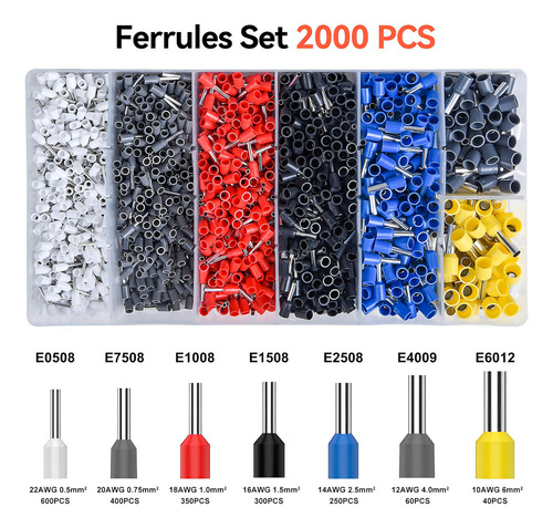 Crimpadora De Terminales Kit 2000 Piezas, Pinza Crimpadora Terminales Prensar Cables Ajustable, Herramientas Alicates Terminales Y Conectores Eléctricos Alambre, Juego Engarzadoras 0.5mm-6 Mm² Proway