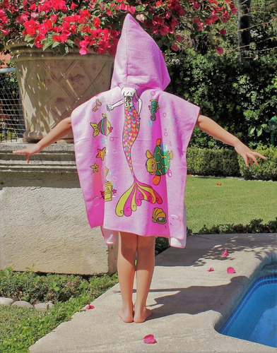 Imagen 4 de 5 de Toalla Con Capucha Niño Niña Bata Baño 60x58cm Sirenita Rosa