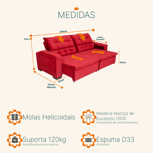Sofá Retrátil Reclinável 4 Lugares Arezzo 2,44m Vermelho