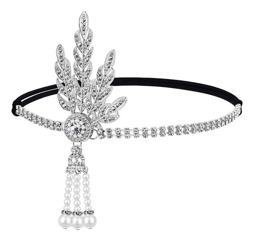 Diadema Flapper Años 20 Con Diseño De Hojas Y Perlas Platead