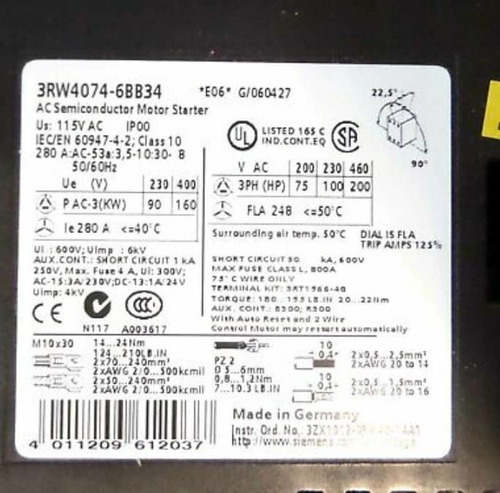 Arrancador Suave Siemens 200 Hp 440 Vac