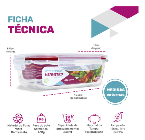 Conjunto 5 Pote Vidro Hermética Quentinha Marmita 640ml
