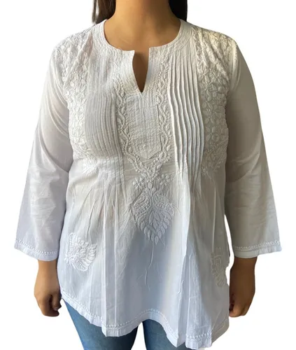 Blusa Algodon Blanca Verano Bordada A Mano Lucknow Hindu