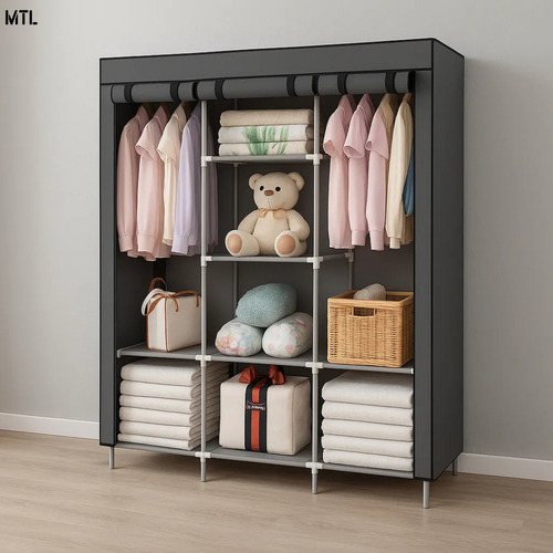 ARMARIO PORTATIL ORGANIZADOR De ROPA PLEGABLE MTL Color Gris Con ESTANTES POLIESTER ANTIHUMEDAD FACIL ARMADO RESISTENTE GUARDARROPA CLOSET PERCHERO HOGAR