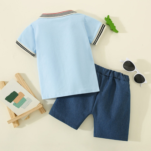 Conjunto De Verano Estampado Dinosaurio Casual Para Bebés Azul Acero 18-24 M