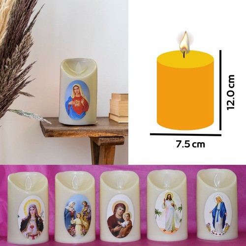 Set De 5 Velas Led 7.5 X 12.0 Cm Con Imágenes Religiosas.