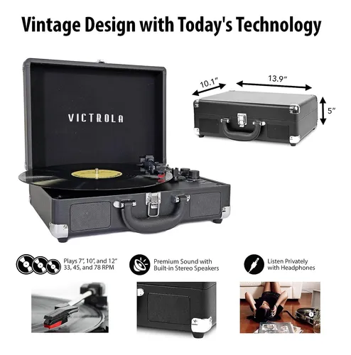 Tocadiscos Vintage Bluetooth Portátil De 3 Velocidades Con A