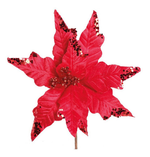 Flor Cabo Curto Poinsettia Vermelho Veludo C/ Glitter- Rizzo