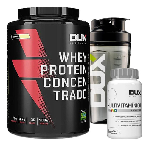 Whey Dux Concentrado 900g + Multivitamínico + Coqueteleira Sabor Coco