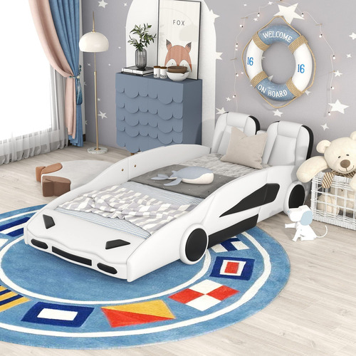 Cama Plataforma Auto Carreras Individual Color Blanco Blanco Nombre Del Diseño