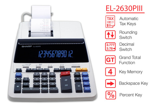 Calculadora De Impresión Sharp El-2630piii De 12 Dígitos Con