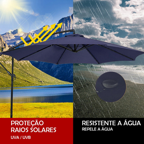 Ombrelone Guarda Sol Praia jardim lateral 3m liso Revomax com Base 60L Cor Azul-marinho