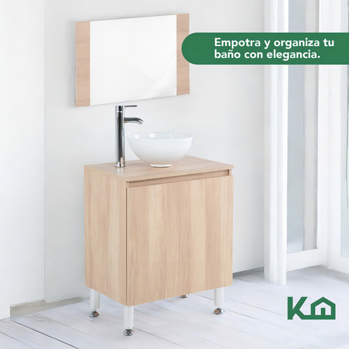 Mueble Para Baño Gabinete Con Espejo Lavabo Completo Color Haya Fibra De Madera MFC Con Puerta Frontal Repisa Llave Monomando Escurridor Y Ovalín De Cerámica KingsHouse
