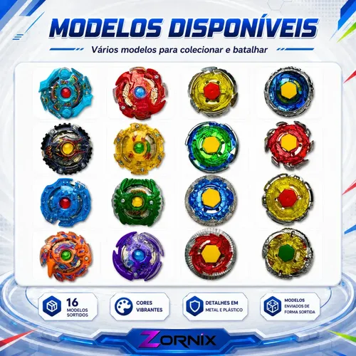 Kit Beyblade Zornix com 16 Peões de Batalha, 4 Lançadores e Maleta