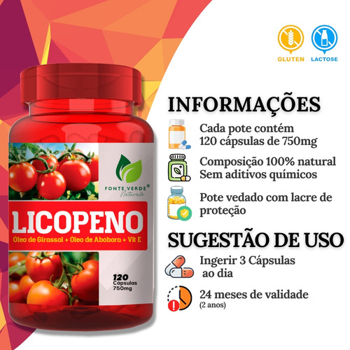 Licopeno Óleo de Girassol Semente de Abóbora 100 Natural 750mg 120 Cáps Fonte Verde Nutricional