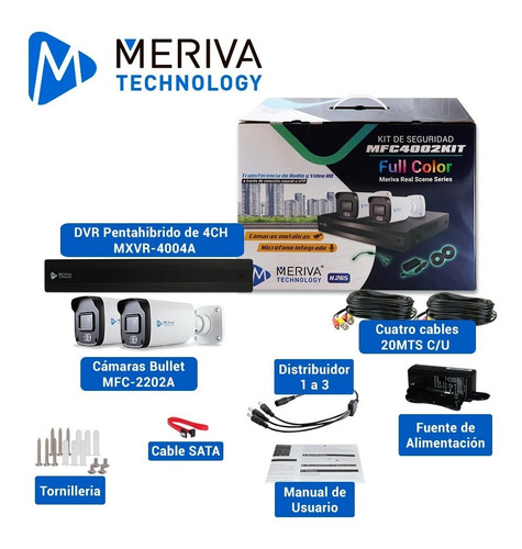 Kit 4x2 Meriva Dvr 4 Ch 2 Cámaras Bala 2mp Fullcolor C/micro