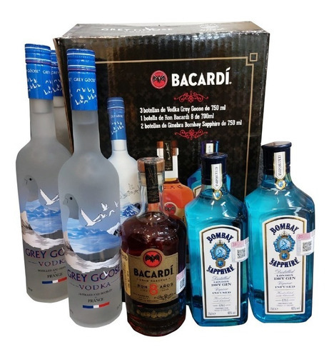 Pack 3 Bt Grey Goose 750+1 Bt Bacardi 8 +2 Bt Gin Bombay 750