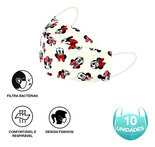 Mascarillas de tela 3D lavables blancas de Minnie Mouse, 10 unidades, color blanco