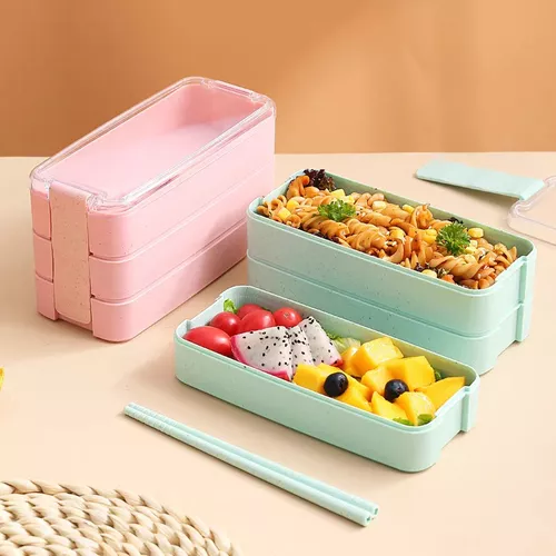 Tupper rectangular de plástico con 3 compartimentos y cubiertos