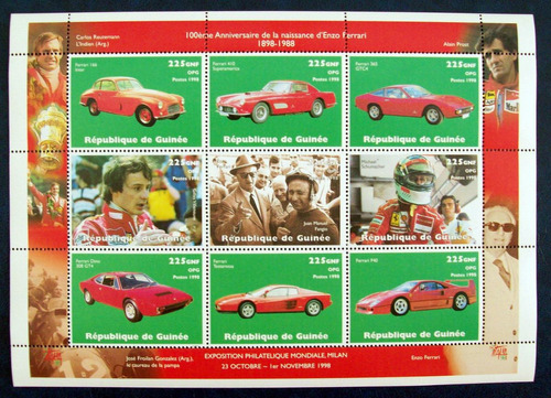 Tema Autos - Guinea, Bloque Ferrari 9 Sellos 1998 Mint L2348