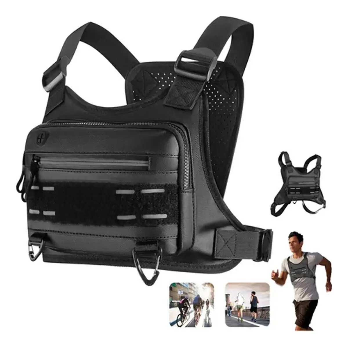 Bolsa Peitoral Refletiva Unissex Para Corrida E Bike Cor Preto