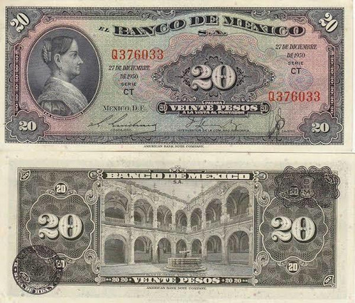 Billete Antiguo De México 20 Pesos Corregidora Palacio