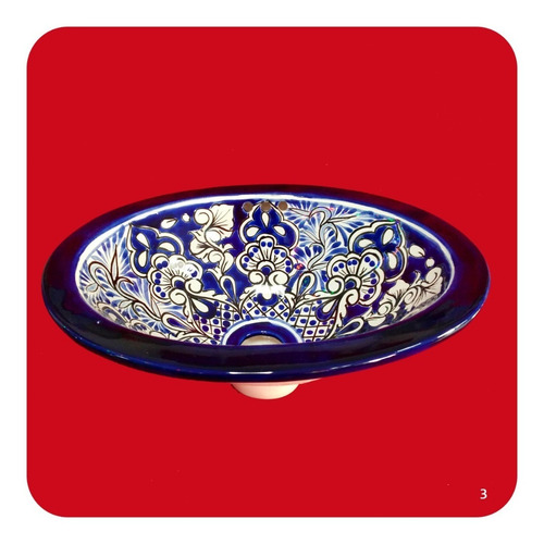 Imagen 2 de 3 de Lavabo Mini Azul De Cerámica Tipo Talavera 33x25x12 Cm M3