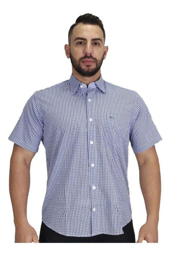 Camisa Masculina Manga Curta Xadrez Pequeno Azul