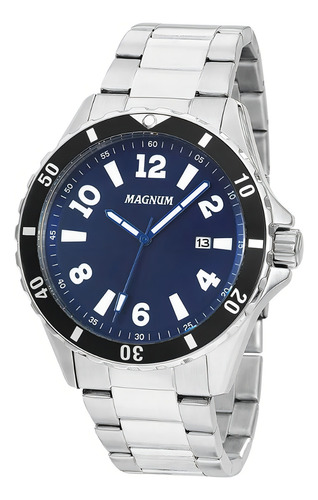 Relógio Magnum Masculino Analógico Prateado Fundo Azul MA35002F Original Prova D'agua Clássico Social Esporte Fino