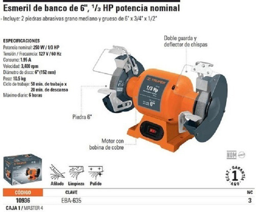 Esmeriladora de banco Truper EBA-635 de 60 Hz color naranja 250 W 127 V + accesorio