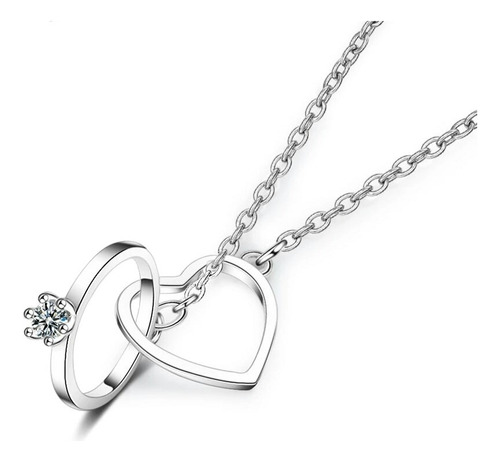 Collar De Mujer Bañado En Plata - Doble Dije Corazón/anillo