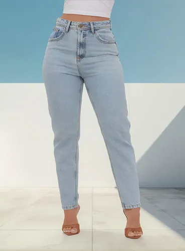 Calça Jeans Mom Feminina Cintura Alta Marmorizada 4 Bolsos