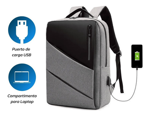Mochila Antirrobo Laptop Impermeable Con Puerto Usb 15.6 Color Gris Diseño de la tela Liso