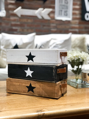 Caja De Madera Vintage Star Con Tiradores De Cuero