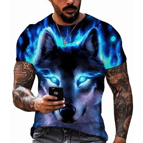 Hombres Lobo 3d Impreso Manga Corta Moda All-match Camiseta