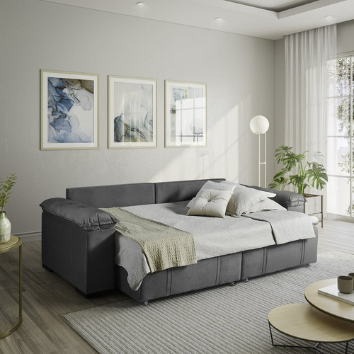 Sofá Cama Retrátil E Reclinável 4 Lugares 240cm Em Wt Cor Cinza