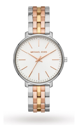 Reloj Michael Kors Pype Tres Tonos Para Dama Mk3901 Correa Plateado, Dorado Y Rosa Bisel Plateado