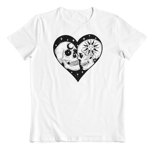 Polera Blanca Algodon Dtf Calavera Amor Sol Y Luna Pareja