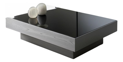 Mesa De Centro Sala Vidrio Negro Templado Lujo 90x60 Madera Gris