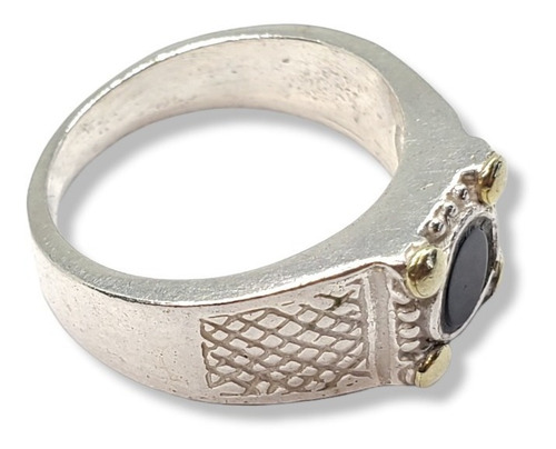 Imagen 2 de 7 de Anillo Plata Y Oro Con Piedra Negra Redonda Chico