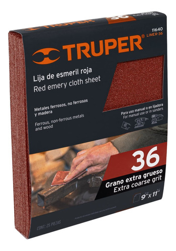 Lija De Esmeril Roja Grano 36 Paquete 25 Pzs Truper 11640