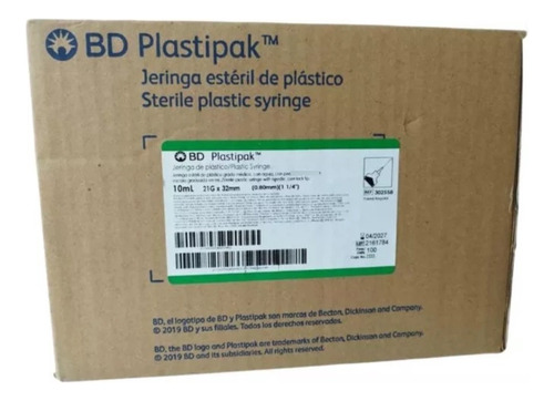 Jeringa Bd Plastipak 10 Ml 21g X 32mm (100 Piezas)