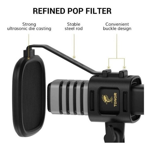 Imagen 4 de 6 de Micrófono Tonor Usb Condensador Con Filtro Pop Y Trípode