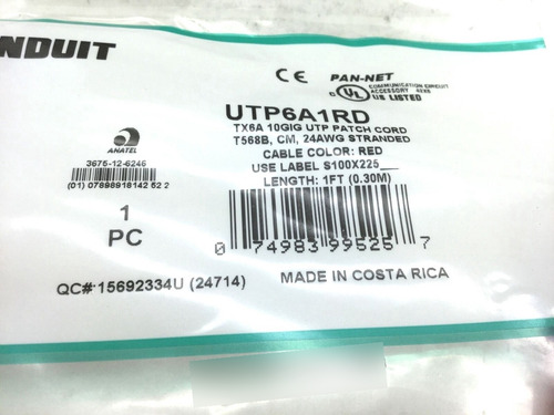 New Panduit Utp6a1rd Patch Cords 1' Cat 6a 10gb Red Bbx