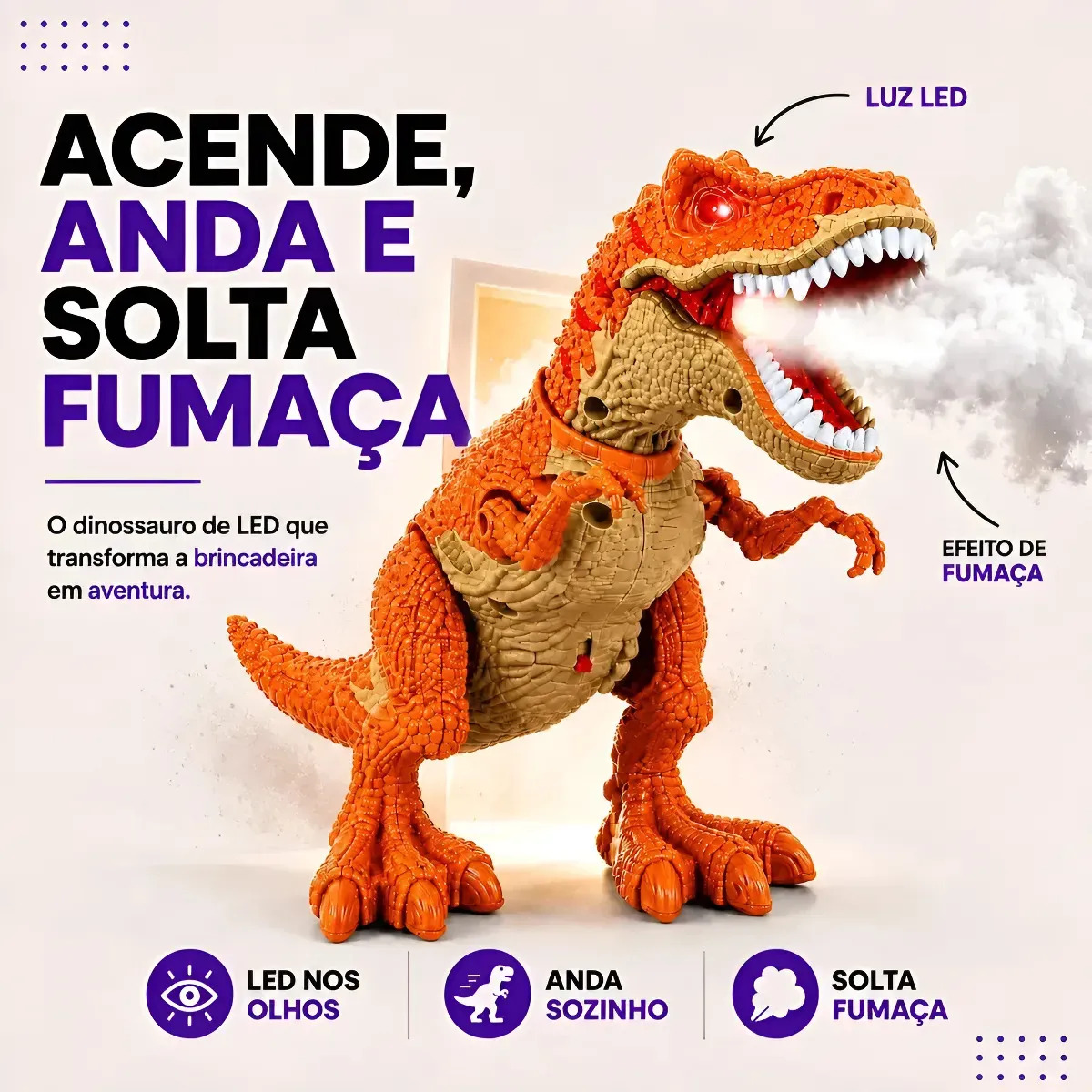 Dinossauro T-Rex Interativo Robô com Fumaça, Luzes e Sons para Criança